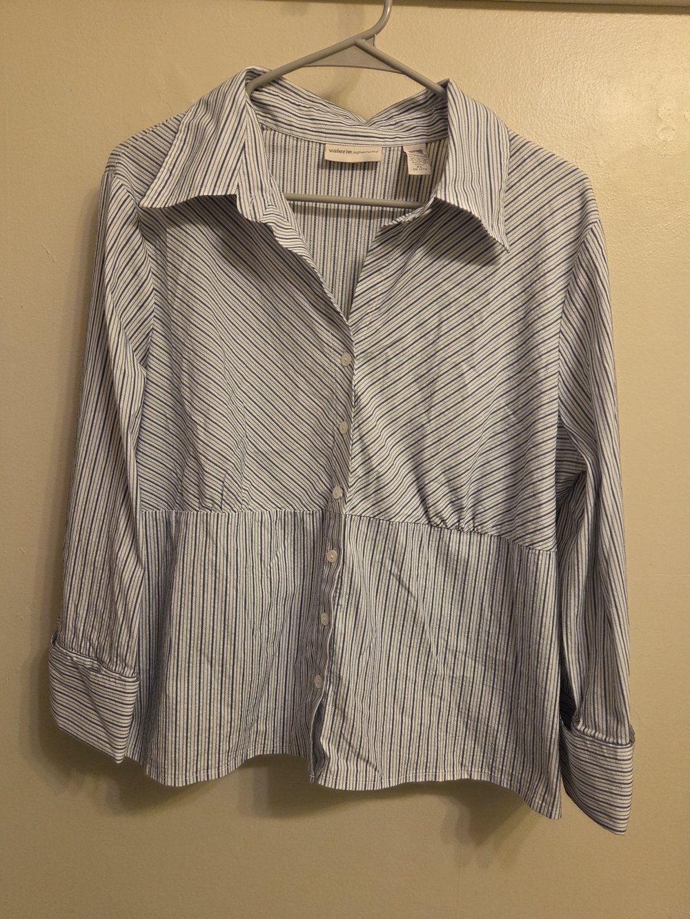 Valerie Separates Blue White Striped Button Down Shirt Preppy XL Stretch Cotton
